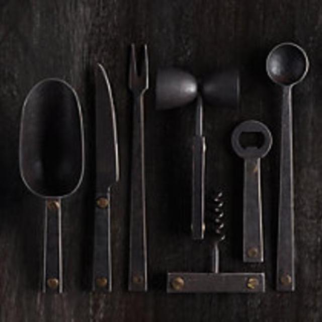 Restoration Hardware Hammered Steel Rivet 7-Piece Bar Tool Set - Blackened Stainless Steel