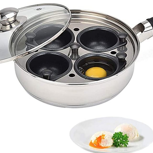 Egg Poacher Pan - Stainless Steel Poached Egg Cooker – Perfect Poached Egg Maker – Induction Cooktop Egg Poachers Cookware Set with 4 Large Egg Poacher Cups and Silicone Spatula