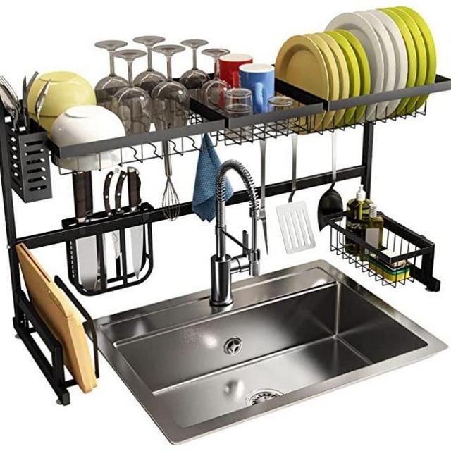 Over The Sink Dish Drying Rack, SNTD Width Adjustable（32"≤Sink Size ≤ 40"） Stainless Steel Kitchen Supplies Storage Counter Organizer, Black