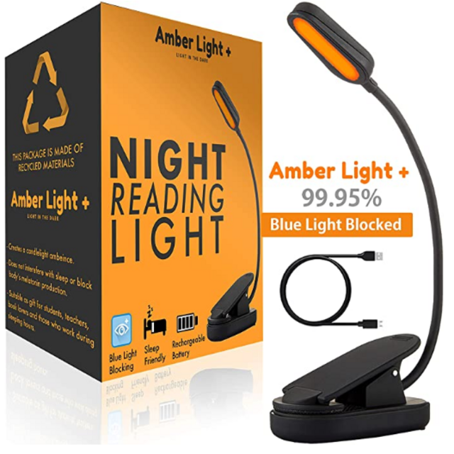 Giftable Amber Book Light - Rechargeable Blue Light Blocking Reading Light | Warm LED Light for Strain-Free, Healthy Eyes | Base Clamp for Hands-Free Use On the Go | Perfect for Night Readers/Students