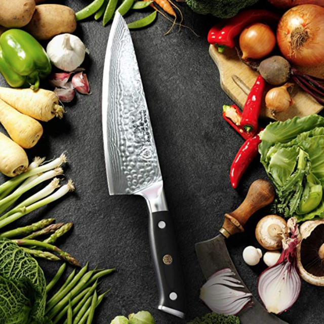 DALSTRONG Chef's Knife - Shogun Series X Gyuto - Japanese AUS-10V - Vacuum Treated - Hammered Finish - 8" - w/Guard