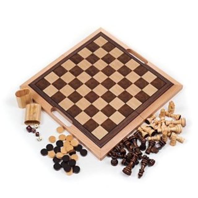 Deluxe Wooden Chess, Checker and Backgammon Set, Brown