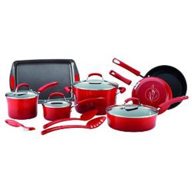 Rachael Ray Porcelain Enamel Aluminum Nonstick 14 piece Cookware Set - Red