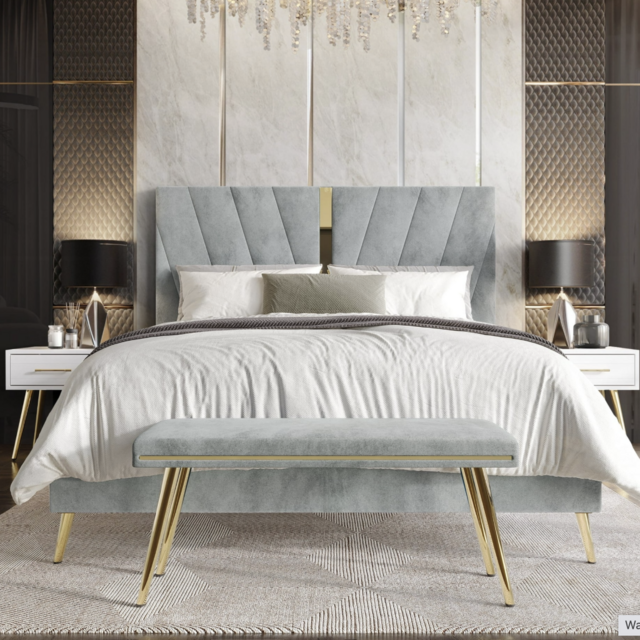Castle Place Contemporary Velvet Queen Upholstered Bed with 2 Nightstand and Bench, Silver Grey