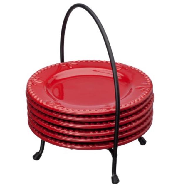 Set of 6, 6-Inch Stoneware Plates with Serving Caddy, Ruby by Signature Housewares