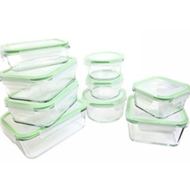 Kinetic 18 Piece (54oz, 35oz, 30oz, 28oz, 15oz, 14oz,13oz) GoGreen Glassworks Oven Safe Glass Lock Food Storage Container Set with Leak Proof Lids; (9 Containers and 9 Lids);55041