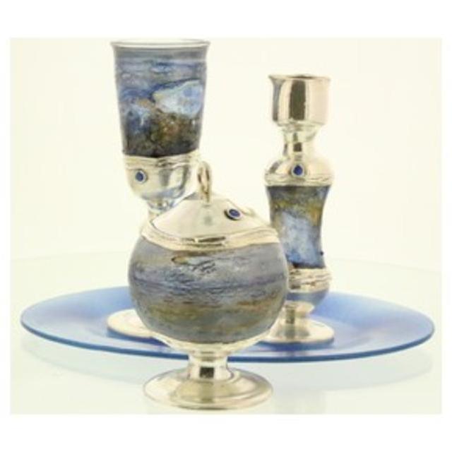 Sterling Silver and Blue Stained Glass Havdalah Set with Blue Crystals