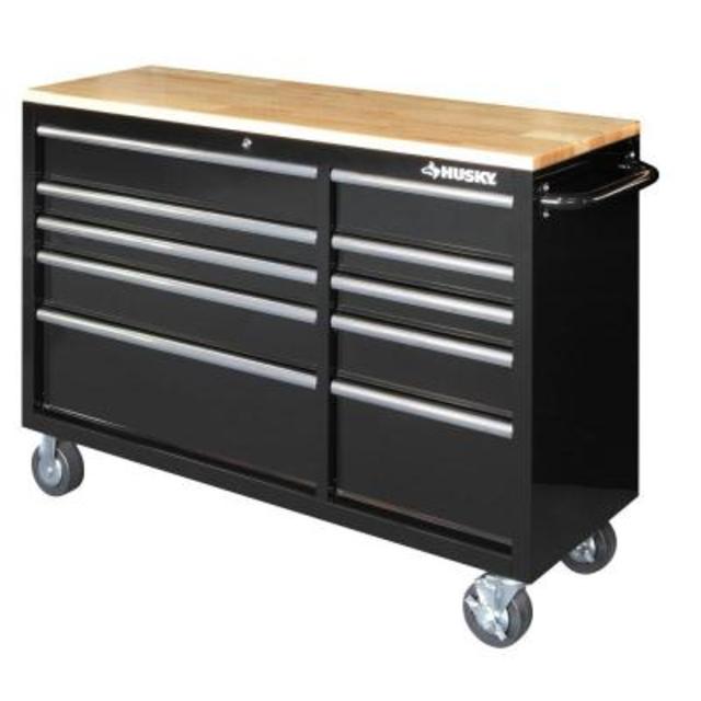52 in. 10-Drawer Mobile Workbench with Solid Wood Top, Black