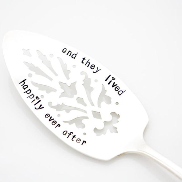 Cake Server, And They Live Happily Ever After. Hand stamped silverware by Milk & Honey.