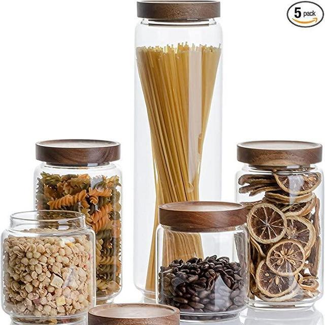 Kanwone Food Storage Containers with Bamboo lids set of 5, Stackable Food Storage Containers, Glass Canisters for Pantry, kitchen, Flour, Sugar, Tea, Coffee, Pasta, Cookies, Rice and Spice