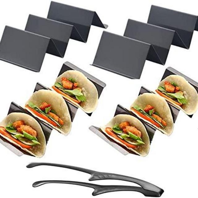 4 Pcs Black Taco Holders Set with 1 Food Tong, Stainless Steel Taco Stand with Handles for Party, Holds Up to 3 Tacos Each, Dishwasher Oven safe (JYBBJ)