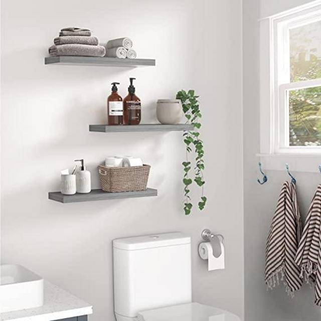 AMADA HOMEFURNISHING Floating Shelves, Wall Shelves for Bathroom/Living Room/Bedroom/Kitchen Decor, Grey Shelves with Invisible Brackets Set of 3 - AMFS07G
