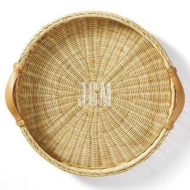 Round Wicker and Leather Serving Tray