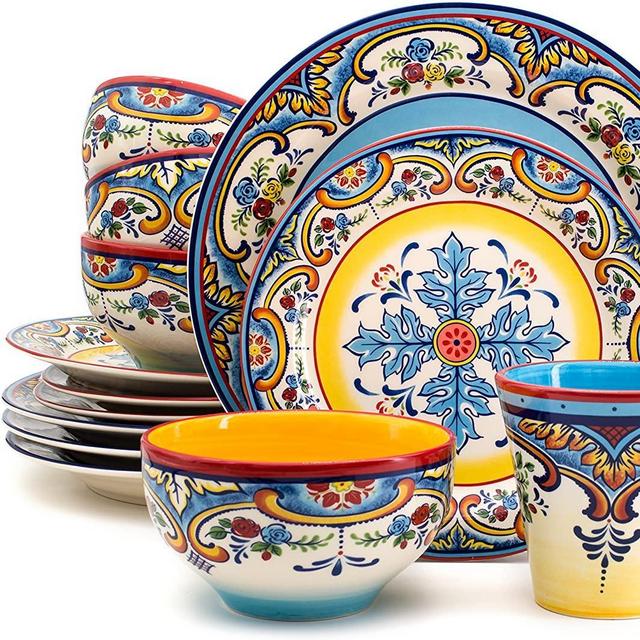 Euro Ceramica Zanzibar Collection 16 Piece Dinnerware Set Kitchen and Dining, Service for 4, Spanish Floral Design, Multicolor, Blue and Yellow