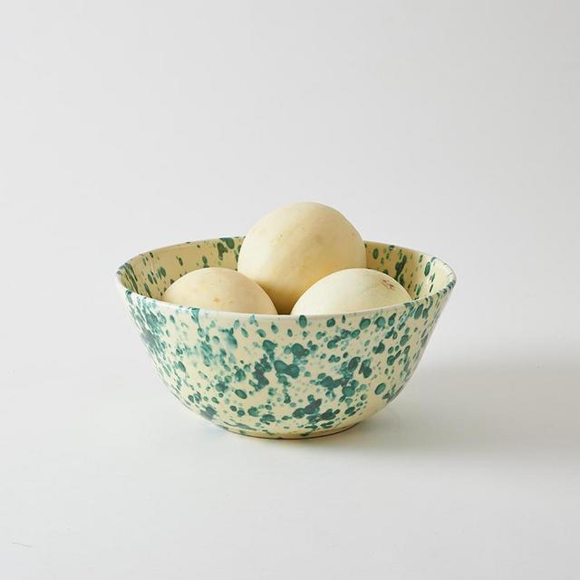 Green on Cream 14.5 Inch Splatterware Serving Bowl