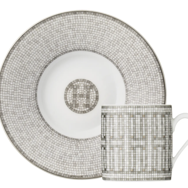 Hermès Mosaique Au 24 Platinum Coffee Cup and Saucer Set
