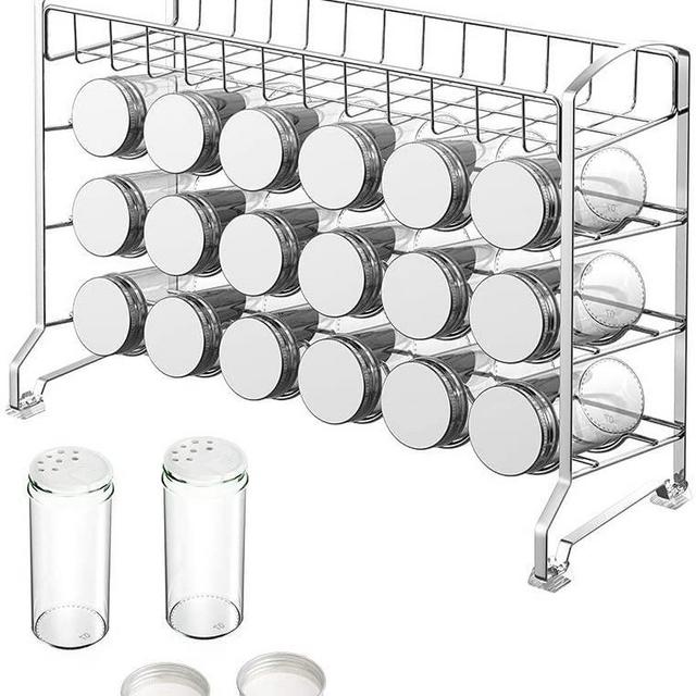Spice Rack Stand with 18 Empty Jars, Labels and Basket, Chrome