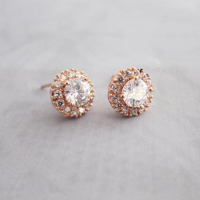 Rose Gold tone Vintage Style Button Earrings, 1950s Bridal Stud Earrings, Wedding Earrings, 1920s Button Earrings Rose Gold - 'AUTUMN'