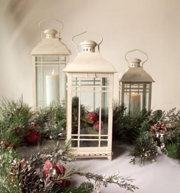 Set of 3 Off-White Almond Multi-Sized Mission-Style Pillar Candle Lanterns