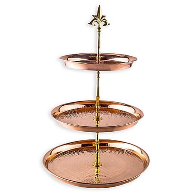 Old Dutch International 3-Tier Hammered Copper Serving Stand with Brass Stem