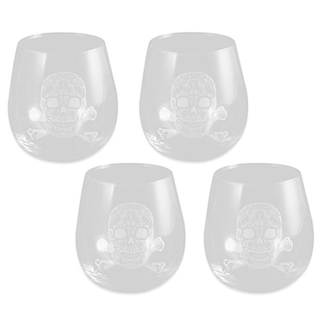 Etched Paisley Skull Stemless Wine Glasses (Set of 4)