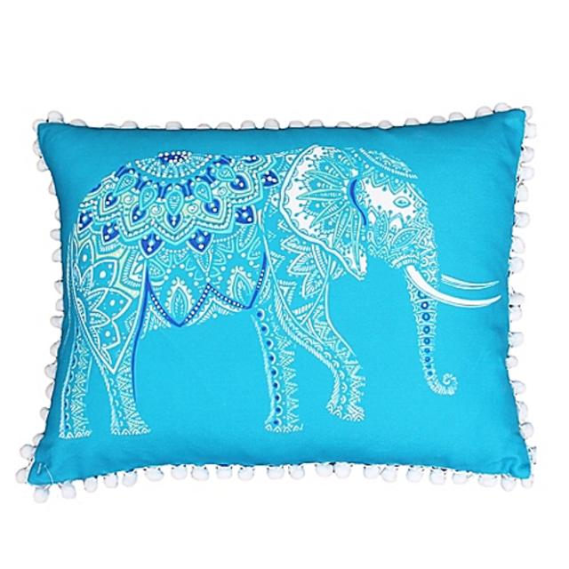 Thro Emmet Elephant Pom Pom Oblong Throw Pillow in Caribbean Sea