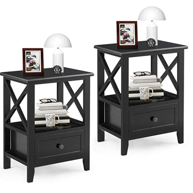 Giantex Nightstand Set of 2 End Tables W/Storage Shelf and Wooden Drawer for Living Room Bedroom Bedside Accent Home Furniture Side Table (Black)