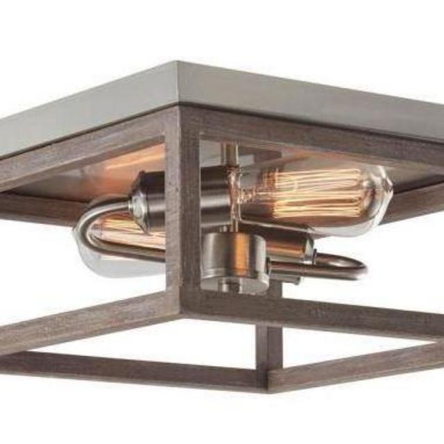 Boswell Quarter 12.5 in. 2-Light Brushed Nickel Flush Mount with Painted Weathered Gray Wood Accents