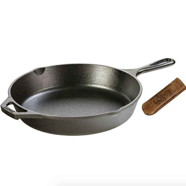 Lodge Seasoned Cast Iron Skillet with Hot Handle Holder- 10.25” Cast Iron Frying Pan with Genuine Leather Hot Handle Holder.