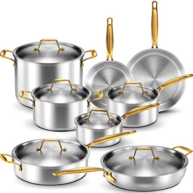 Legend Stainless Steel 5-Ply Copper Core | 14-Piece Cookware Set | Professional Home Chef Grade Clad Pots and Pans Sets | All Surface, Induction & Oven Safe | Premium Cooking Gifts for Men & Women