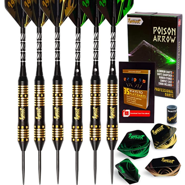 IgnatGames Steel Tip Darts Set - Professional Darts with Aluminum Shafts, Rubber O'Rings, and Extra Flights + Dart Sharpener + Innovative Case + Darts Guide