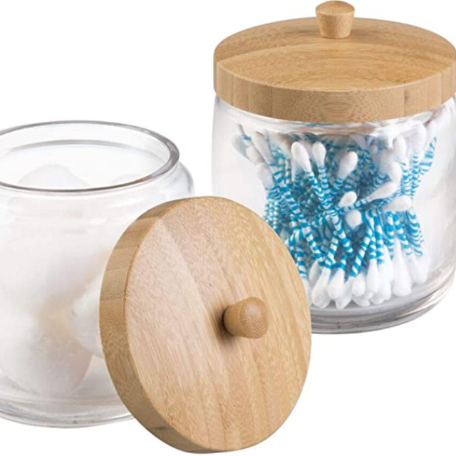mDesign Glass Bathroom Vanity Storage Organizer Canister Jar for Cotton Balls, Swabs, Beauty Blenders, Makeup Sponges, Bath Salts, Hair Ties, Jewelry, 2 Pack - Clear Jar/Natural Bamboo Wood Lid