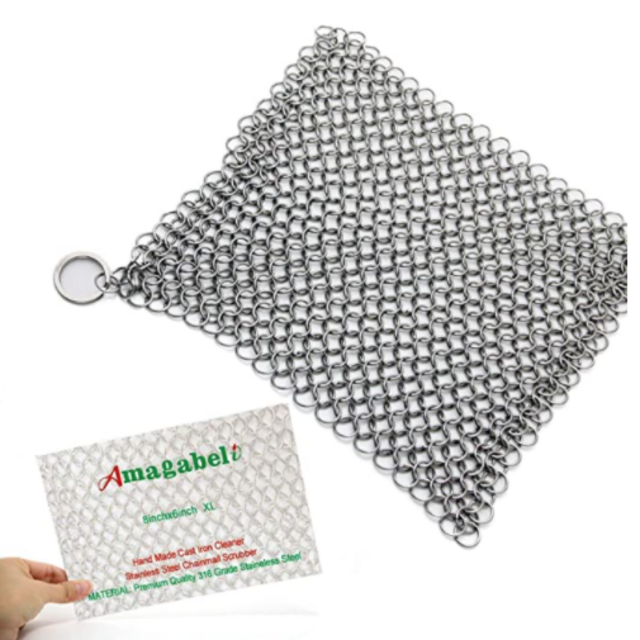 Amagabeli 8"x6" Stainless Steel Cast Iron Cleaner 316L Chainmail Scrubber for Cast Iron Pan Pre-Seasoned Pan Dutch Ovens Waffle Iron Pans Scraper Cast Iron Grill Scraper Skillet Scraper