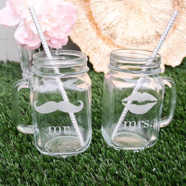 His and Hers Mason Jars - (Set of TWO) Mr. and Mrs. Glass Mason Jars with Handle - Wedding Gift - Couples Gift - Bride and Groom Gift