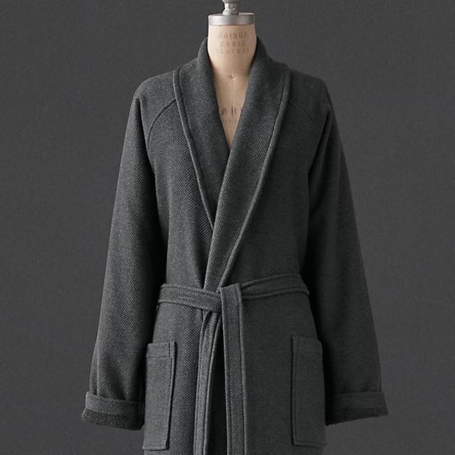Textured-Weave Terry Robe, Small, Heathered Charcoal
