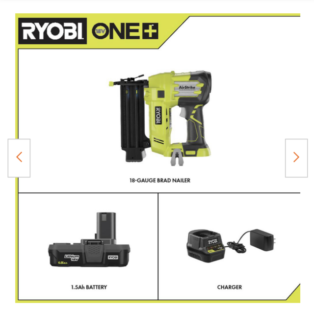 RYOBI 18-Volt ONE+ Lithium-Ion Cordless AirStrike 18-Gauge Brad Nailer with (1) 1.5 Ah Battery and (1) 18-Volt Charger-P1854 - The Home Depot