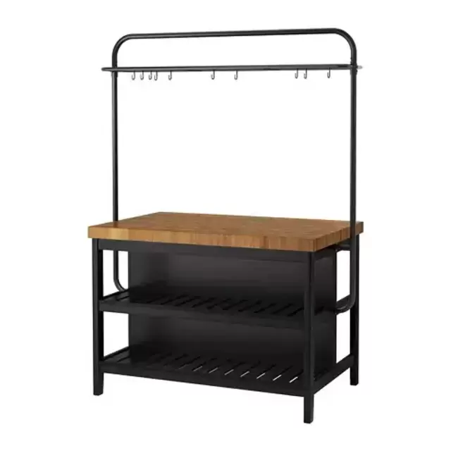 VADHOLMA Kitchen island with rack, black, oak