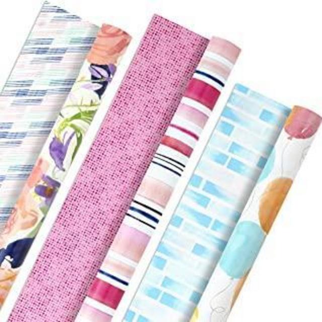 Hallmark All Occasion Reversible Wrapping Paper Bundle - Watercolor Flowers, Stripes, Balloons (3-Pack: 75 sq. ft. ttl.) for Birthdays, Mothers Day, Weddings, Baby Showers, Bridal Showers, Easter