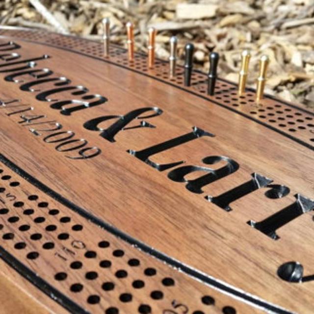Custom cribbage board. Personalized with name Moore or Meghan & Quinton EST. 11/11/2016