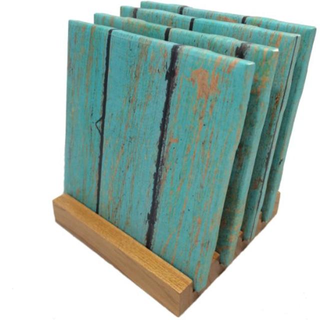 Teal Wood Handmade Tile Coasters (Set of Four)