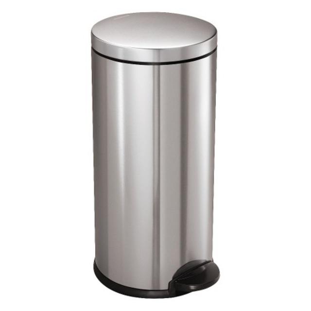 simplehuman studio 30 Liter Round Step Trash Can in Brushed Stainless Steel product details page