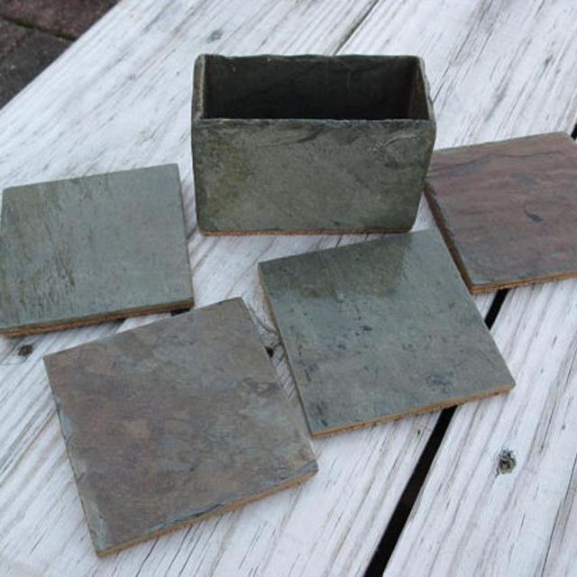 Custom four slate coasters and slate box holder