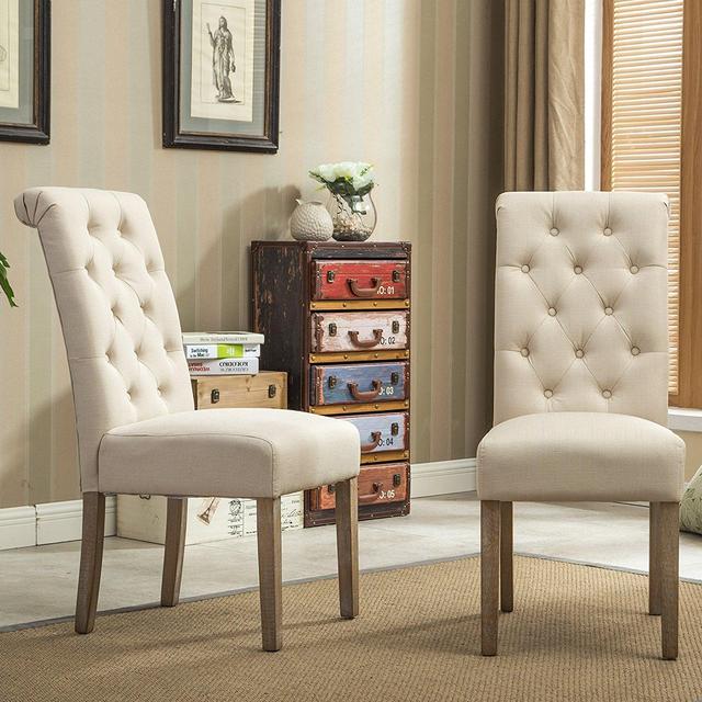 Roundhill Furniture Habit Solid Wood Tufted Parsons Dining Chair (Set of 2), Tan