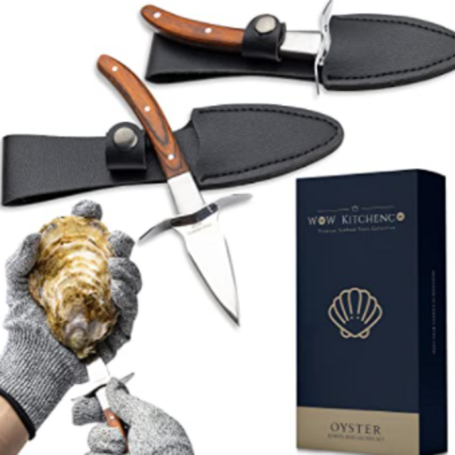 Set of 2 Oyster Shucking Knives with Level 5 Protection - Includes Oyster Shucking Gloves and Carrying Case - Elegant Oyster Shucker Kit - Knife and Glove Set for Seafood Lovers