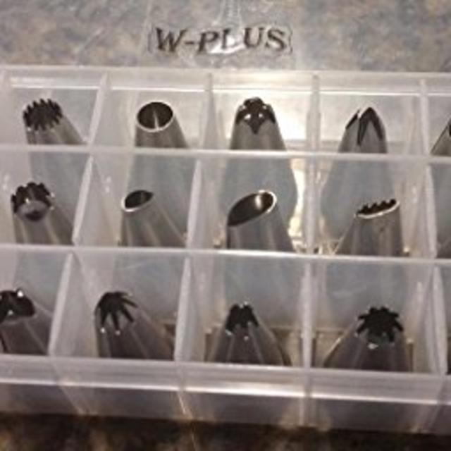 27PCS Cake Decoration Tips Set - 24PCS W-Plus Professional Stainless Steel Piping/Dispenser Nozzle Kit, a Reusable Silicone Pastry Bag and 2 Reusable Coupler for Cakes Cupcakes Cookies Pastry