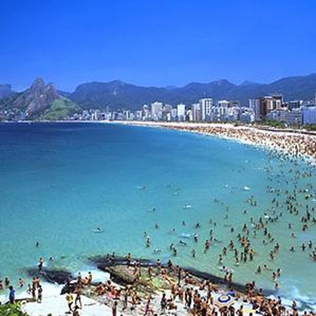 Beach chairs and umbrellas on Ipanema Beach