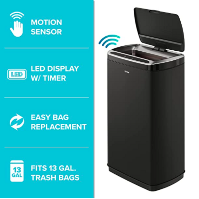 Kraus KTCS-10MB GarbagePro Rectangular 13 Gallon Hands-Free Motion Sensor Trash Can Battery Operated in Matte Black Finish with SoftShut Touchless Lid