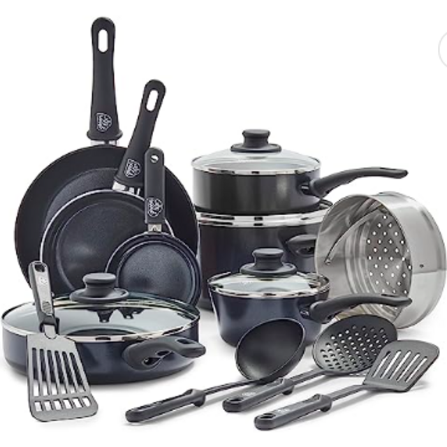 GreenLife Soft Grip Diamond Healthy Ceramic Nonstick 16 Piece Kitchen Cookware Pots and Frying Sauce Pans Set, PFAS-Free, Dishwasher Safe, Black