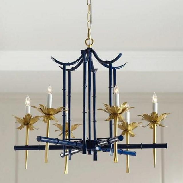 Bamboo-Motif 6-Light Chandelier, Blue/Gold