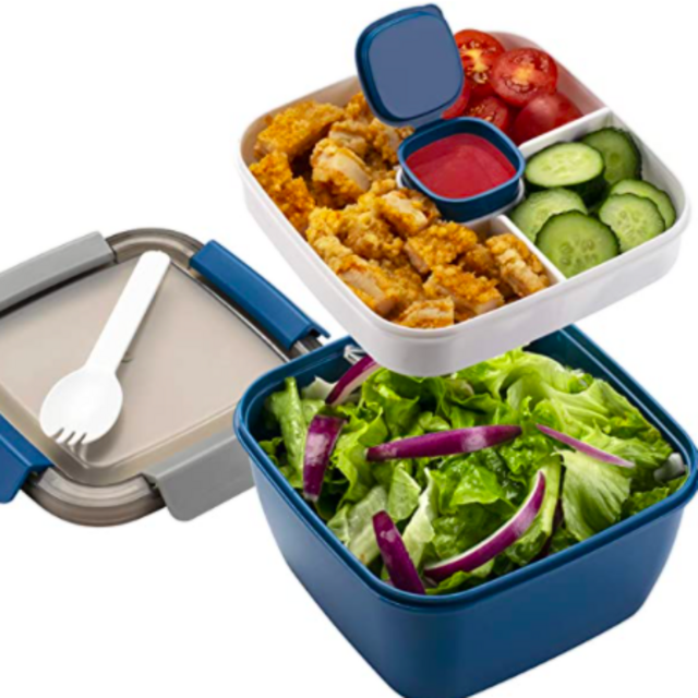 Freshmage Salad Lunch Container To Go, 52-oz Salad Bowls with 3 Compartments, Salad Dressings Container for Salad Toppings, Snacks, Men, Women (Blue)